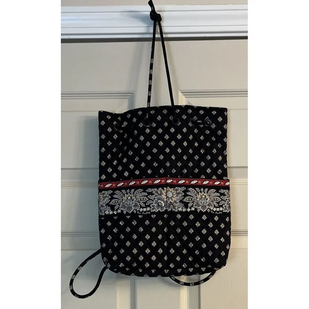 Vintage Vera Bradley Retired Classic Black Red‎ Grey Tan Accents Drawstring Bag